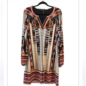 Hale Bob Aztec Southwestern  Boho Resortwear Long Sleeve Slip On Dress L